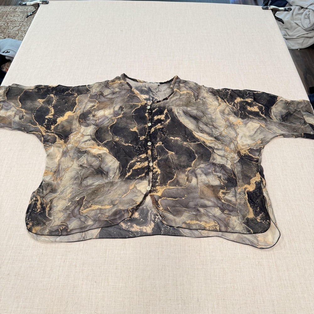 Meo Meli Shirt Womens One Size Black Marble Dolman Sheer Chiffon Button Up Top